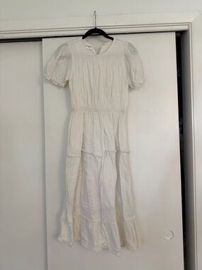 White Midi Tiered Cotton Dress with Puff Sleeves